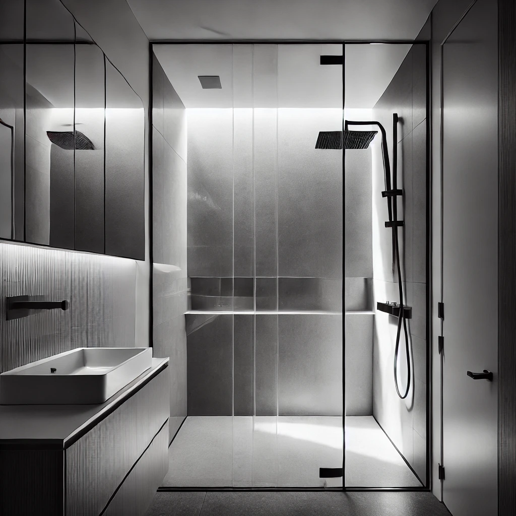 A black and white photo of a small Sydney bathroom featuring a sleek frameless shower screen. The shower screen is made of clear glass, with no visibl