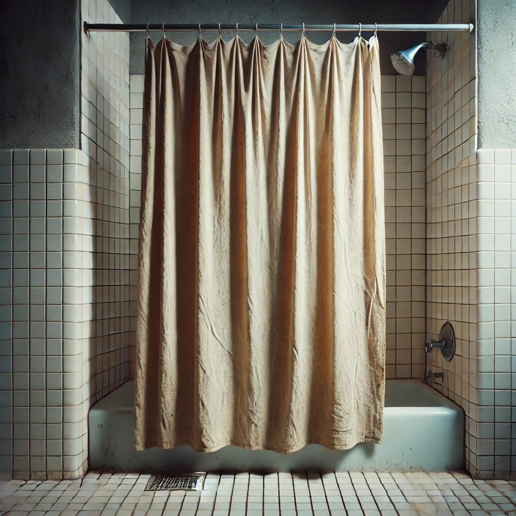 A realistic photo of an old bathroom with a worn-out shower curtain. The curtain is slightly faded and shows signs of age, with a few wrinkles and dis